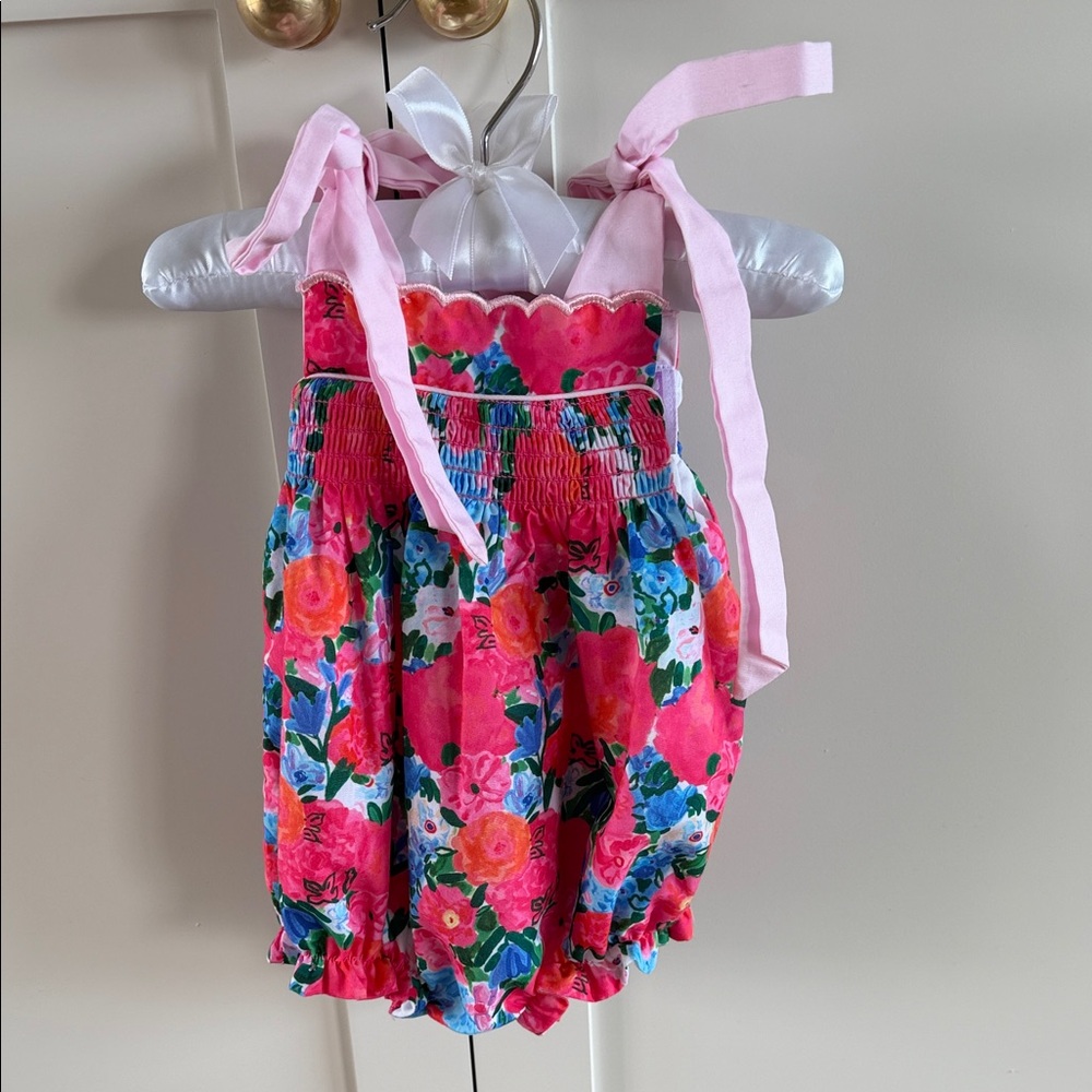 Girls Floral Bubble Shorts with Pink Tie Straps